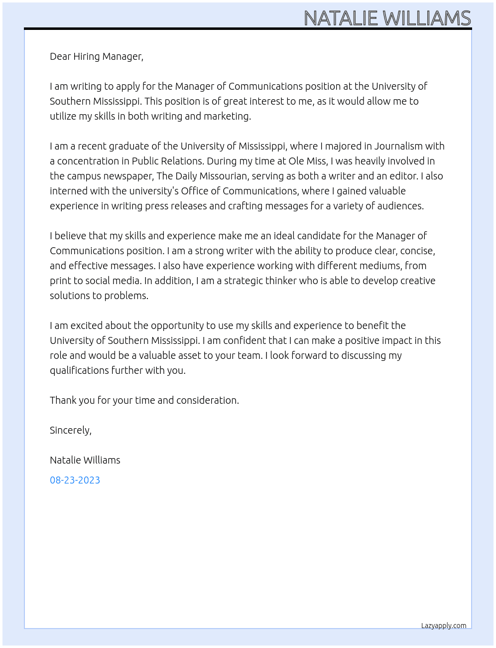Manager of Communications At University of Southern Mississippi Cover Letter