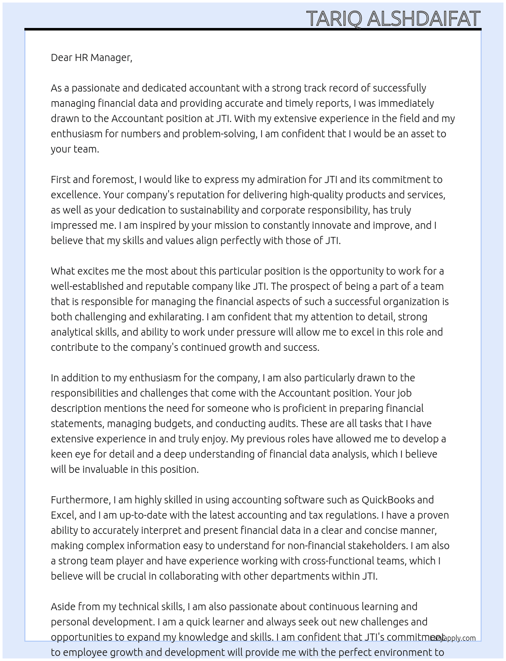 Accountant At JTI Cover Letter