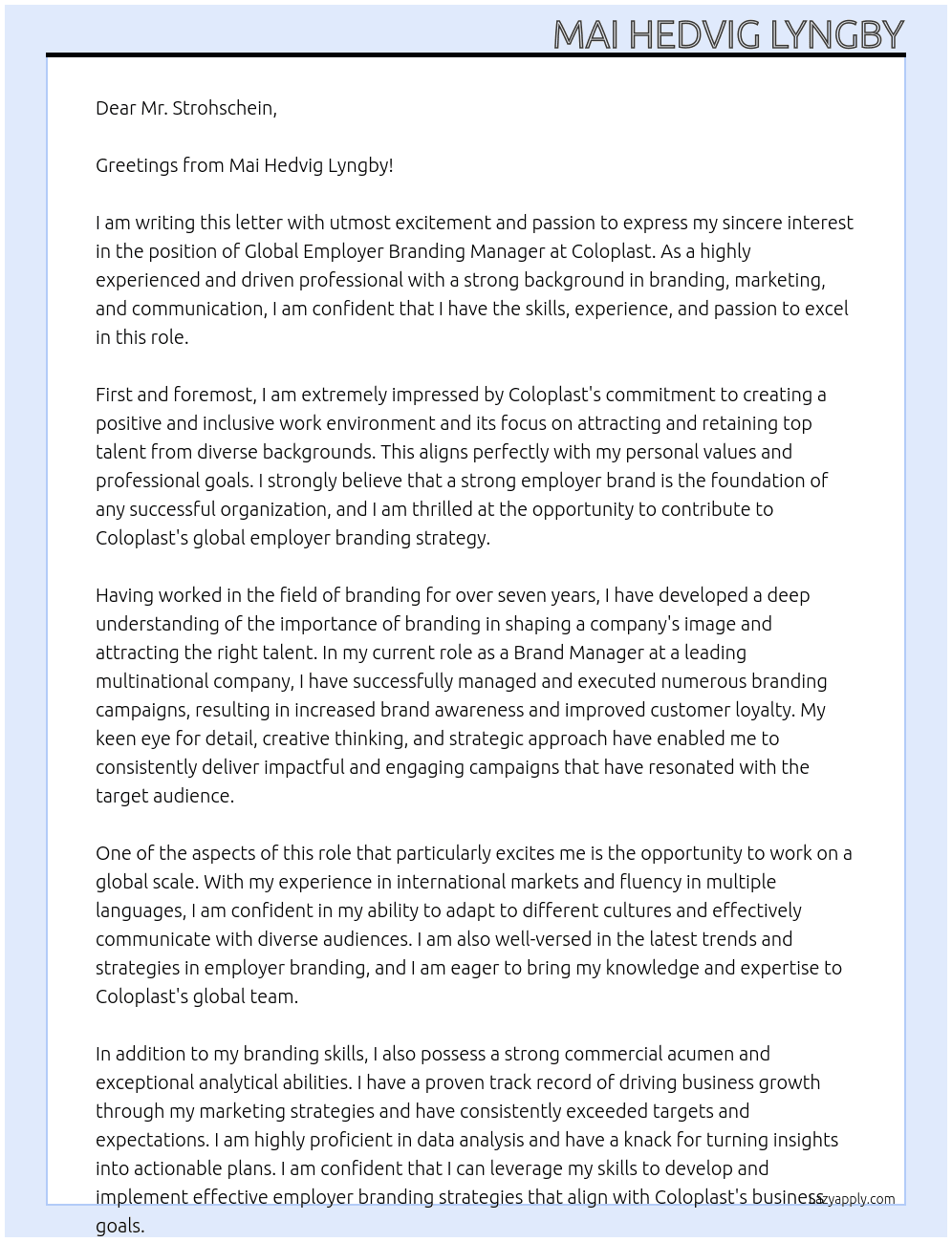 Global Employer branding manager At Coloplast Cover Letter