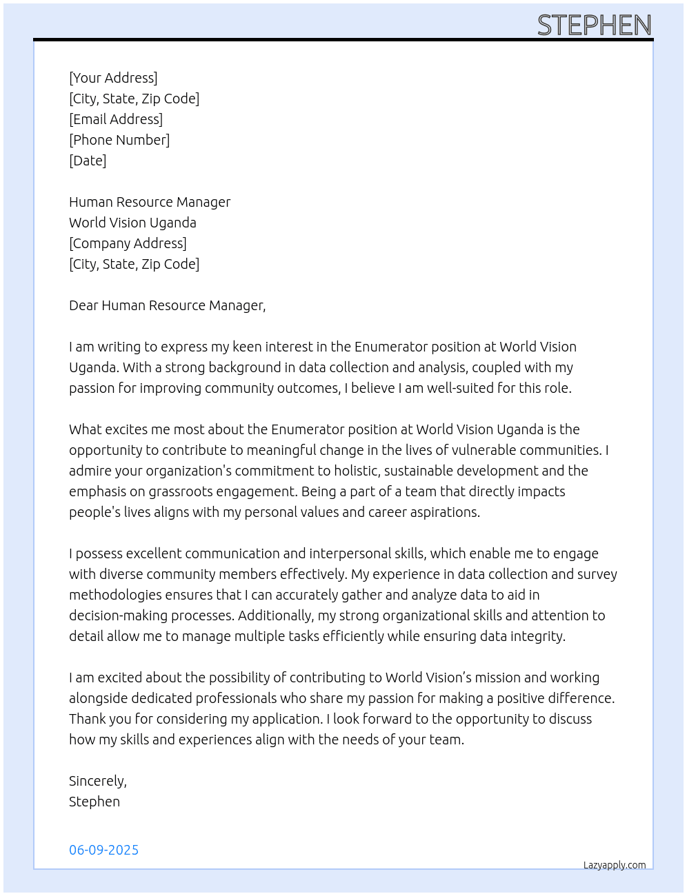 Enumerator At world vision Uganda Cover Letter