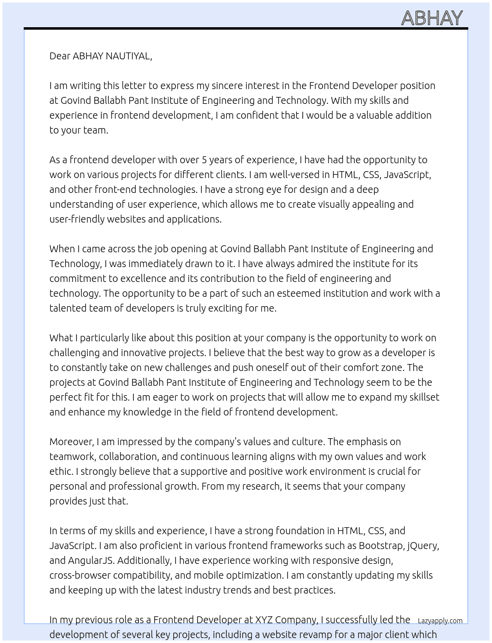 Frontend Developer At govind ballabh pant institute of engineering and technolofy Cover Letter