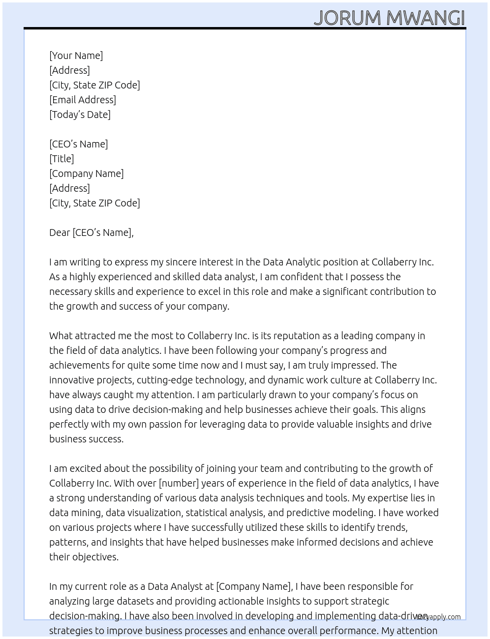 Cover letter for data analytic - LazyApply