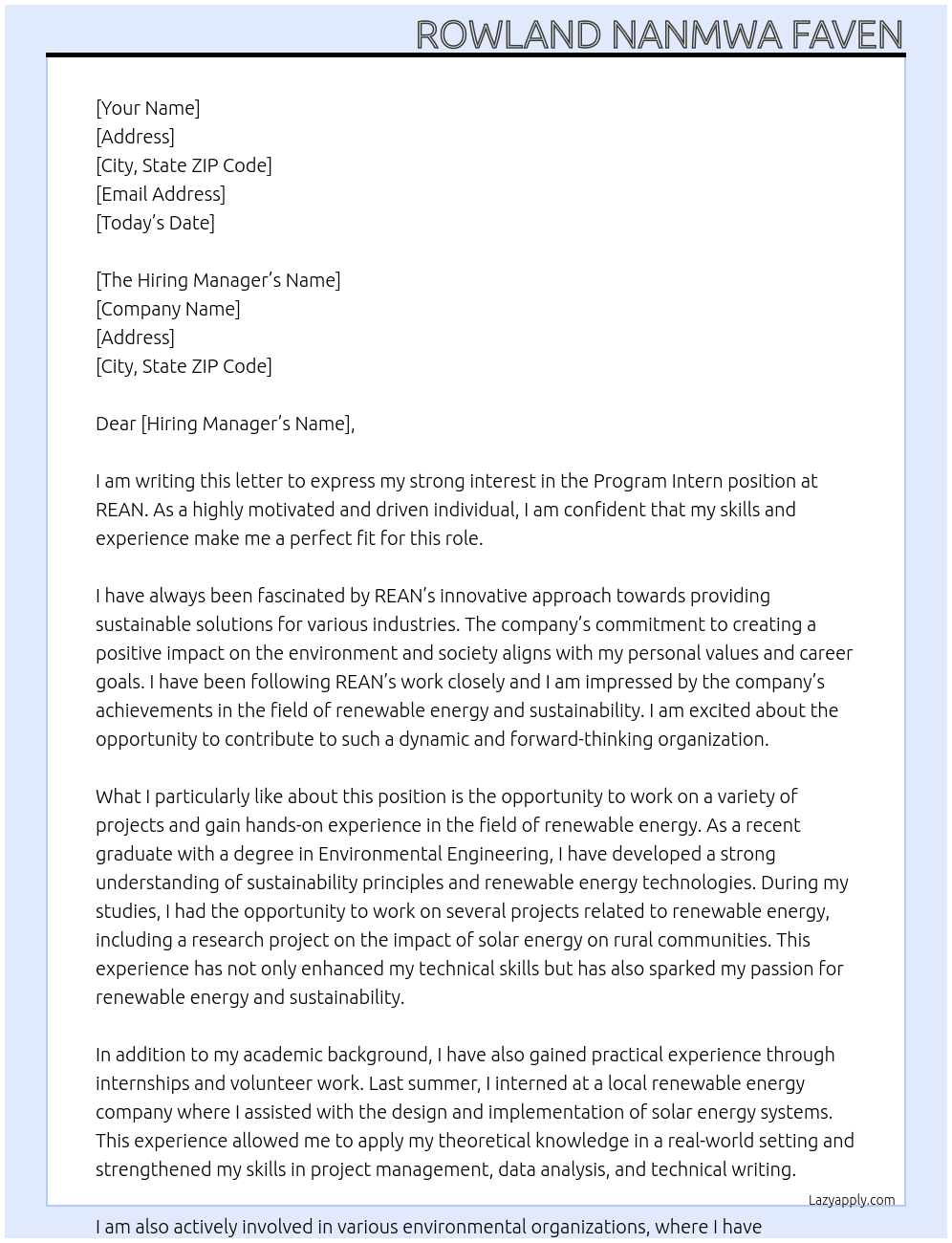 Cover letter for program intern - LazyApply