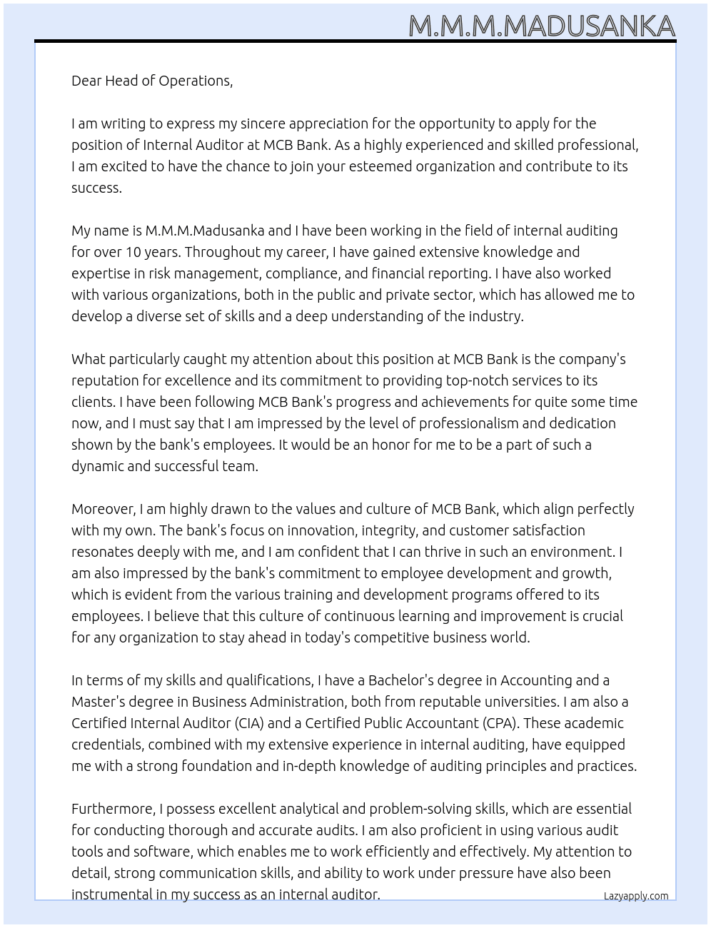 Internal Auditor At MCB Bank Cover Letter
