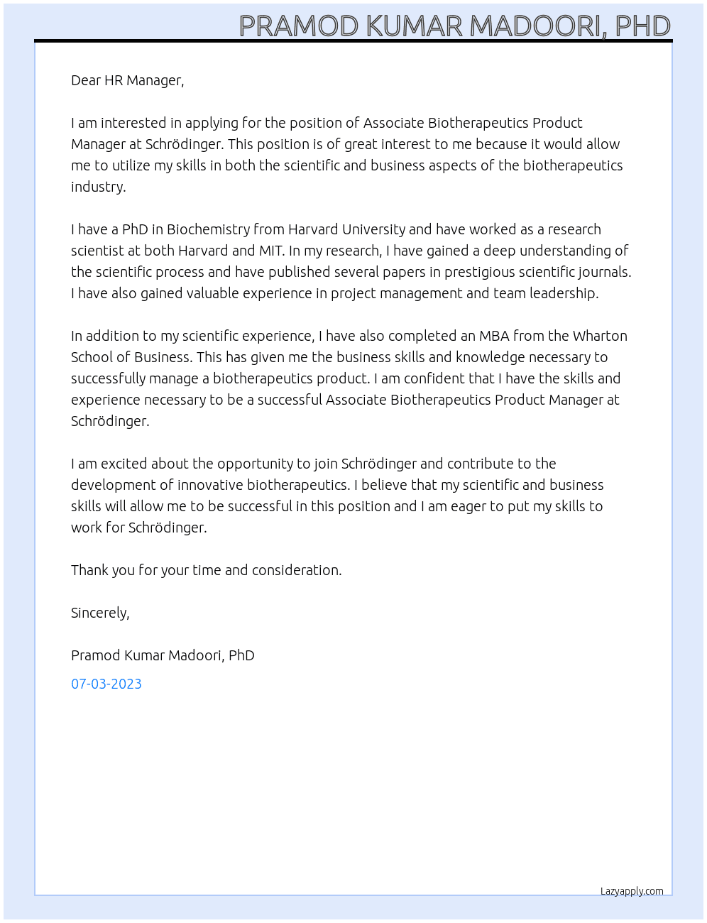 Associate Biotherapeutics Product Manager At Schrödinger Cover Letter