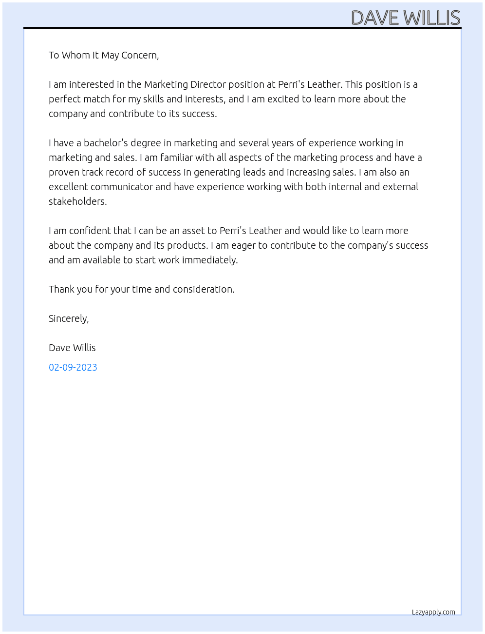Marketing Director At Perri's Leather Cover Letter