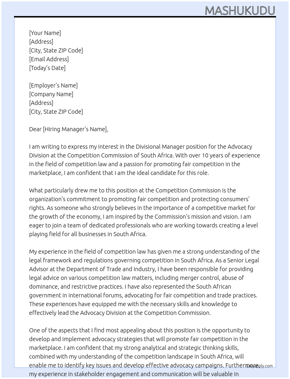 DIVISIONAL MANAGER, ADVOCACY DIVISION At Competition Commission of South Africa Cover Letter