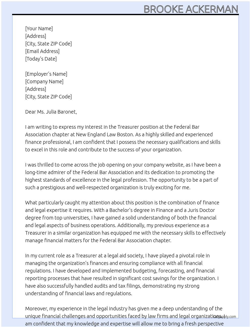 Treasurer At Federal Bar Association chapter at New England Law Boston Cover Letter