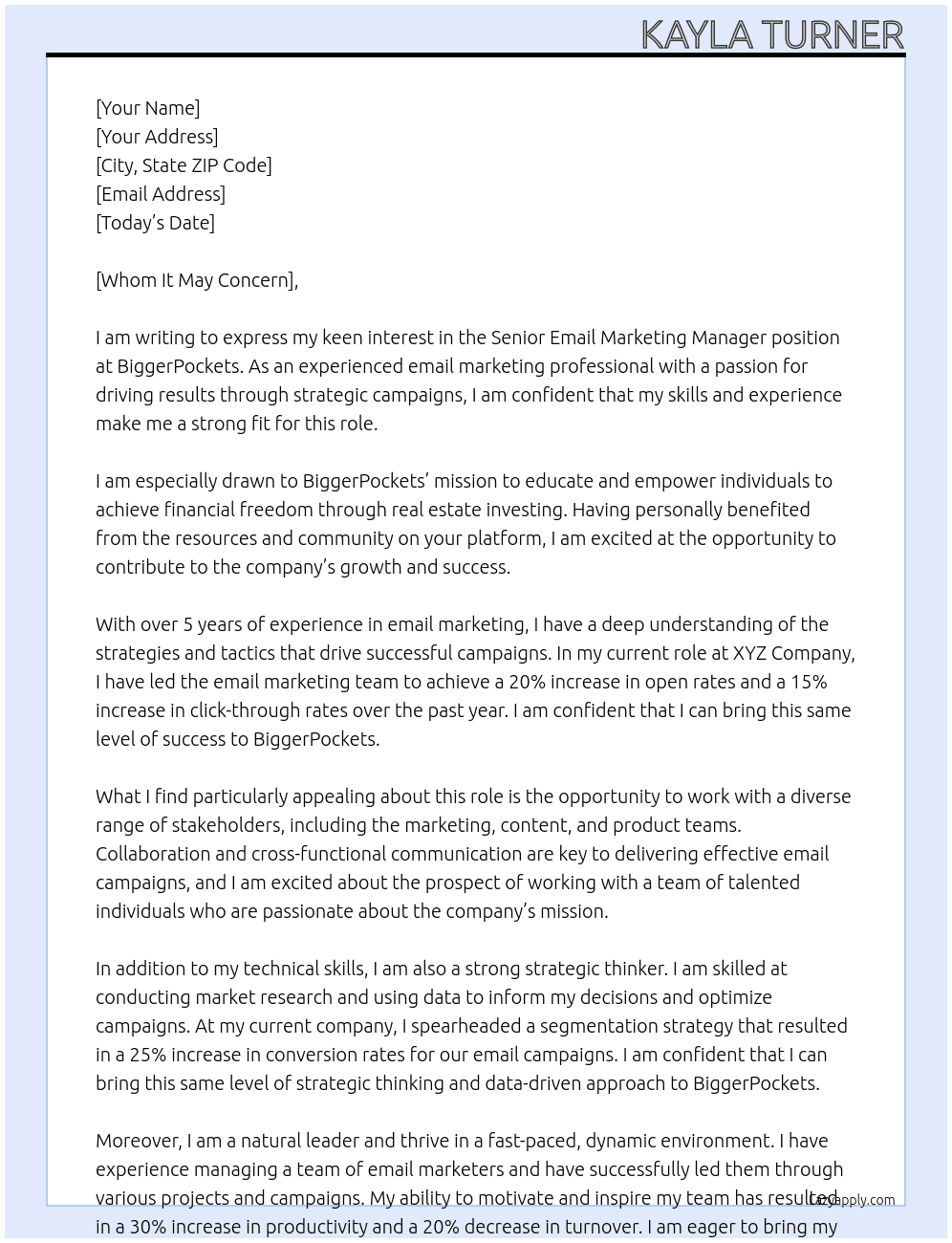 Senior Email Marketing Manager At BiggerPockets Cover Letter
