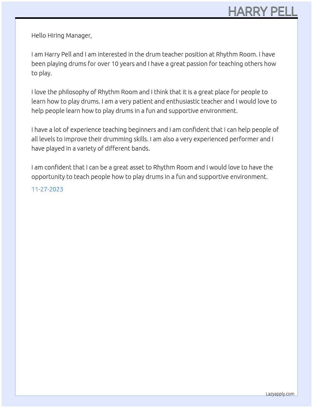 Drum teacher At Rhythm Room Cover Letter
