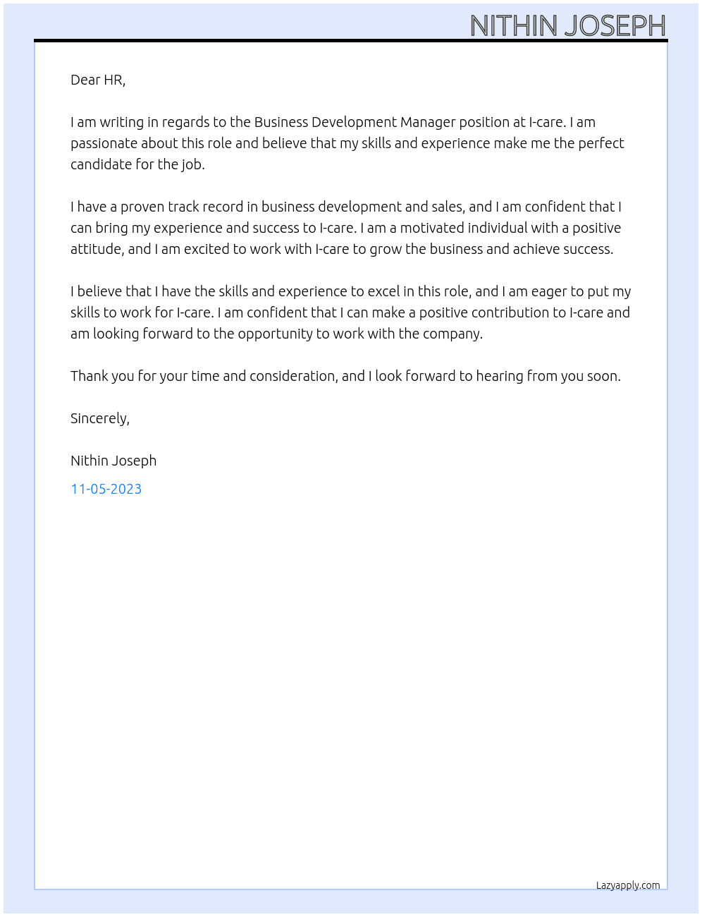 Business Development Manager  At I-care  Cover Letter