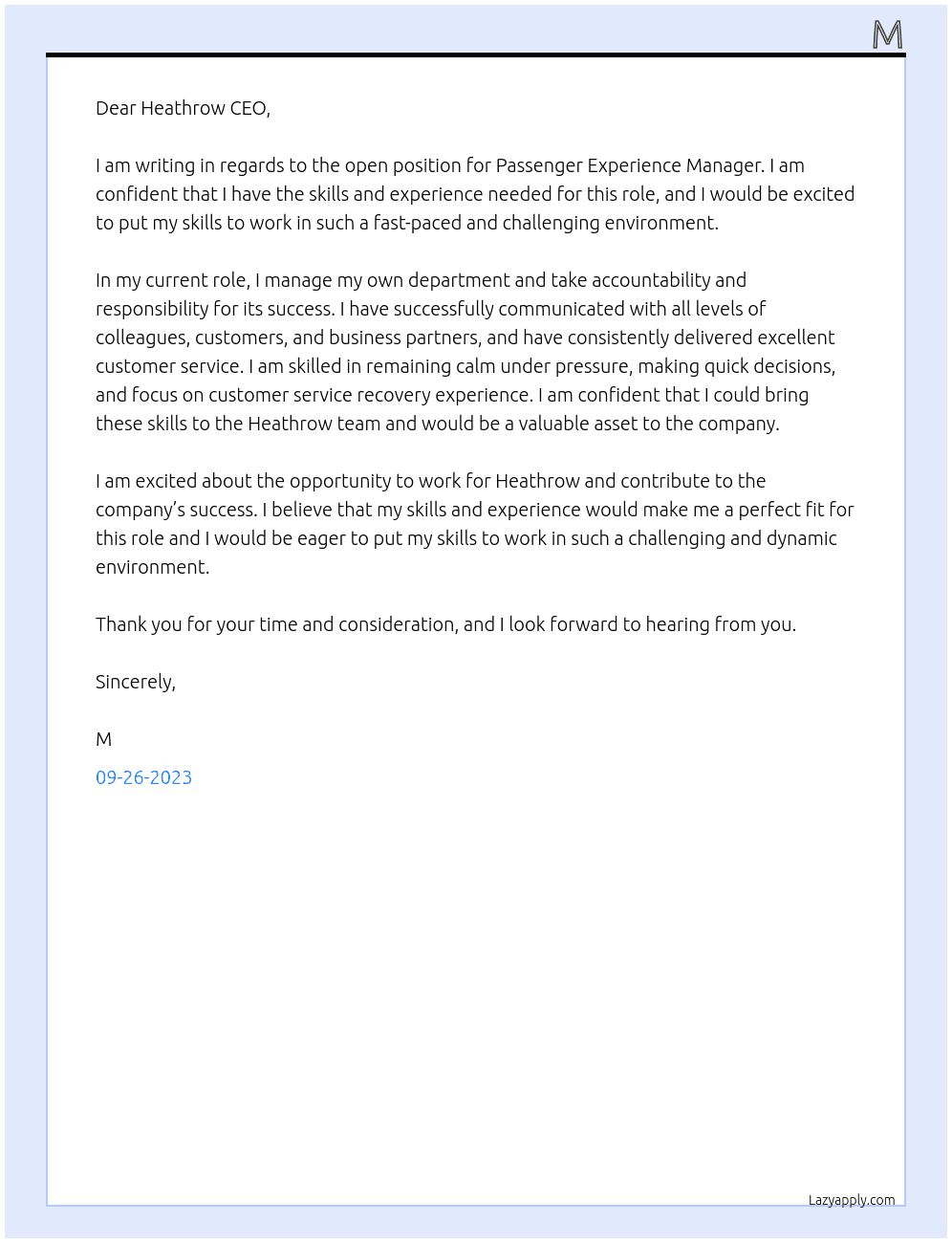 Passenger experience manager  At Heathrow Cover Letter