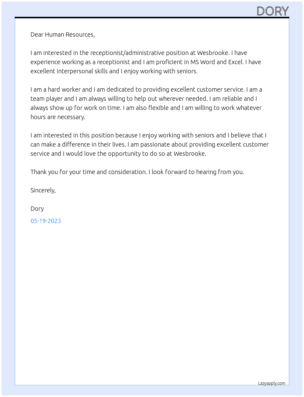 Receptionist/Administrative At Wesbrooke Cover Letter