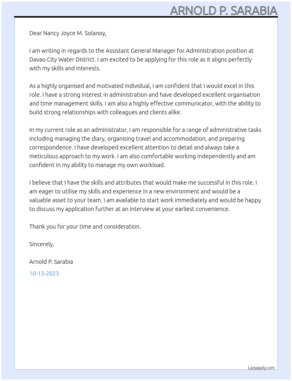 Assistant General Manager for Administration At Davao City Water District Cover Letter