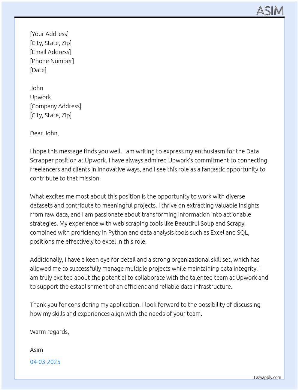 Cover letter for data scrapper - LazyApply