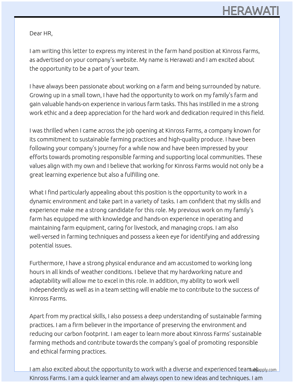 farm hand At Kinross Farms Cover Letter