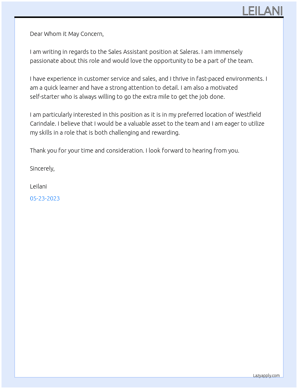 Sales Assistant At Saleras Cover Letter