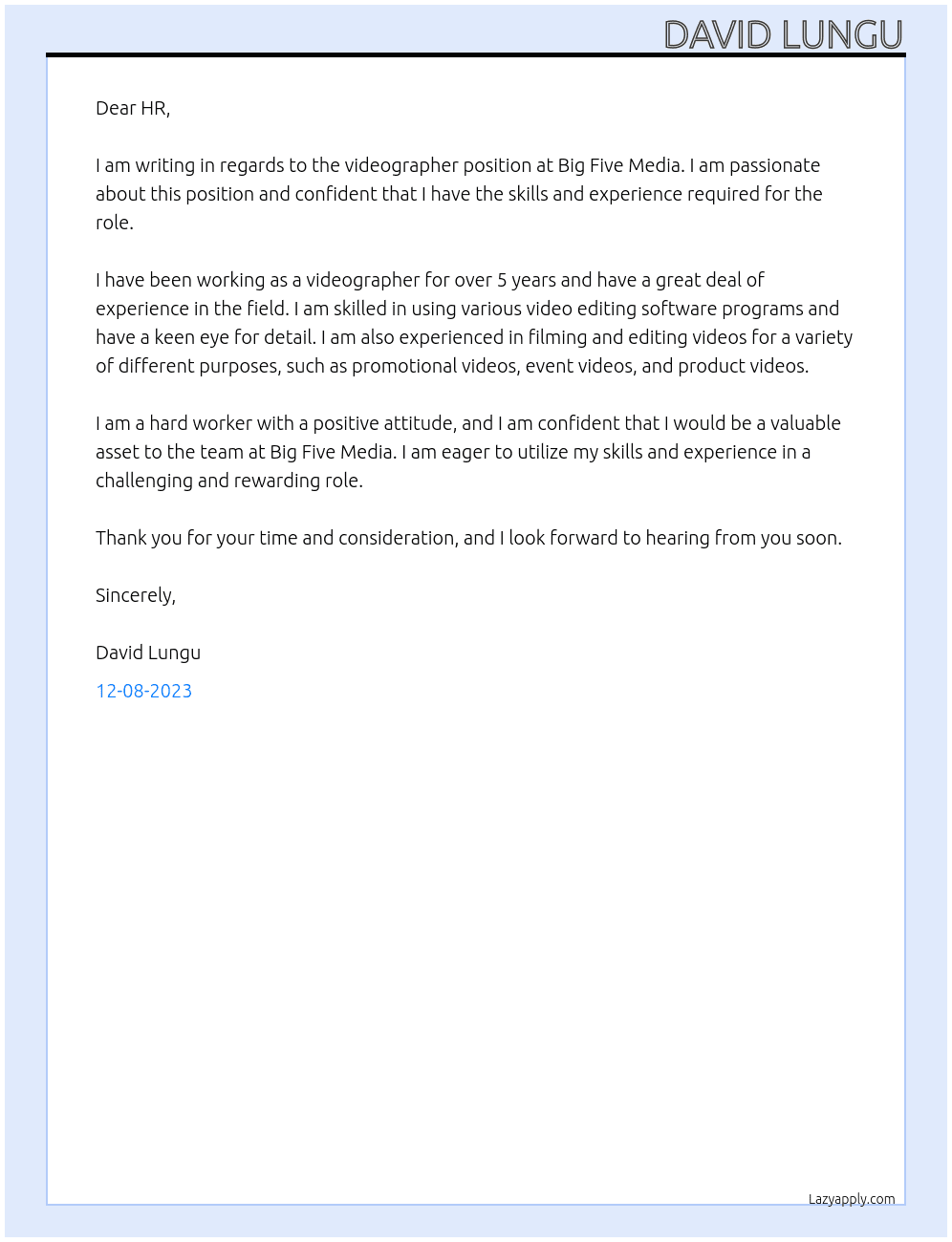 videographer  At Big Five Media Cover Letter