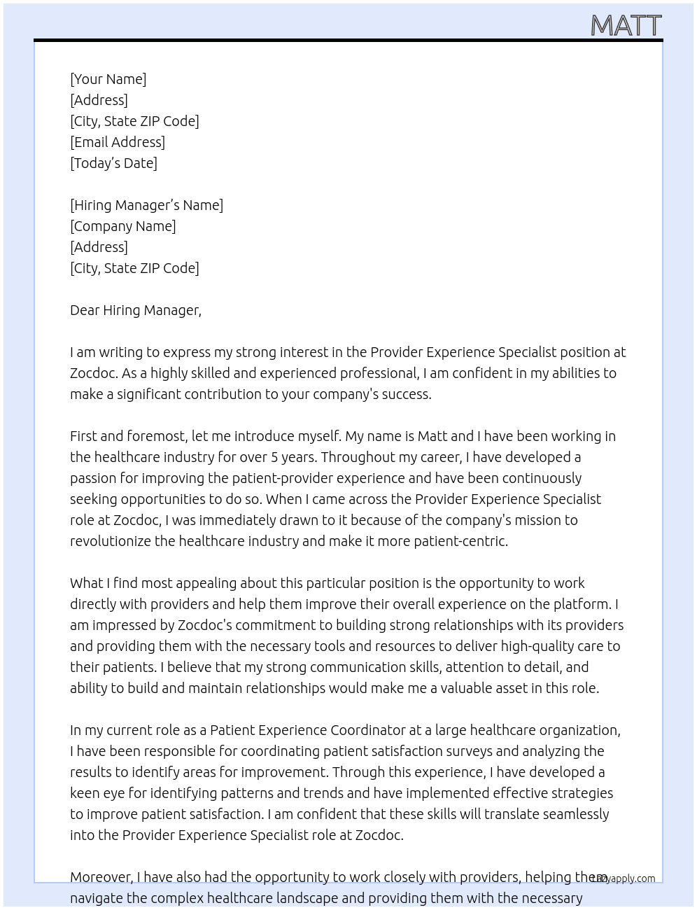Provider Experience Specialist At Zocdoc Cover Letter