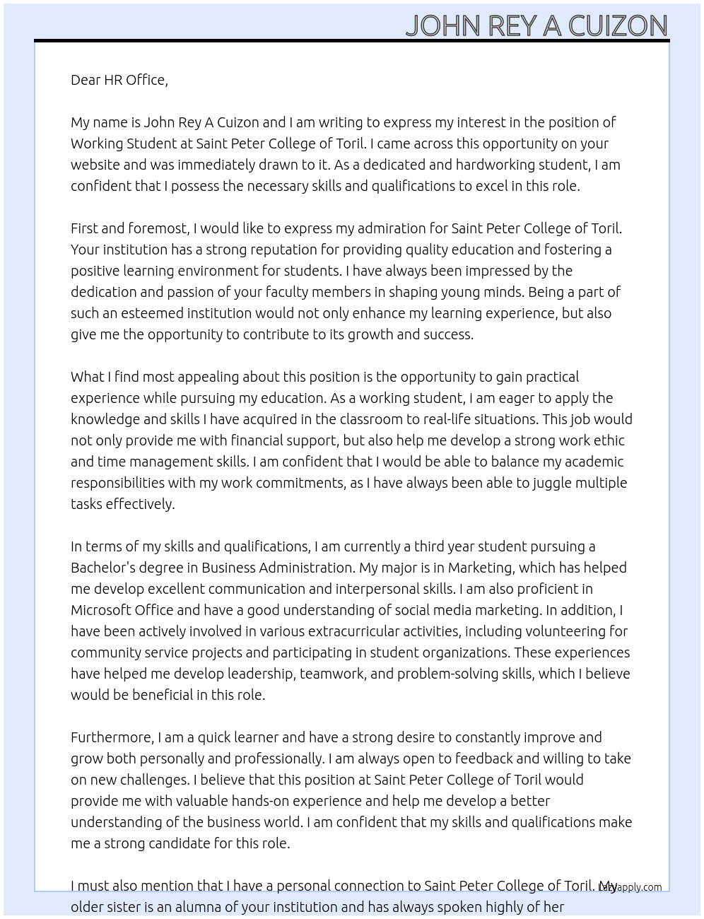 Working student  At Saint Peter College of Toril  Cover Letter