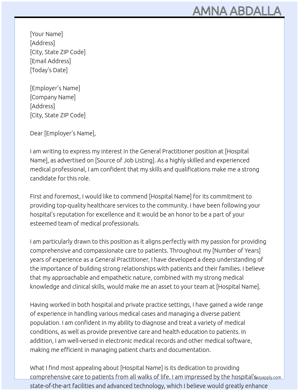 General Practitioner  At Hospital  Cover Letter