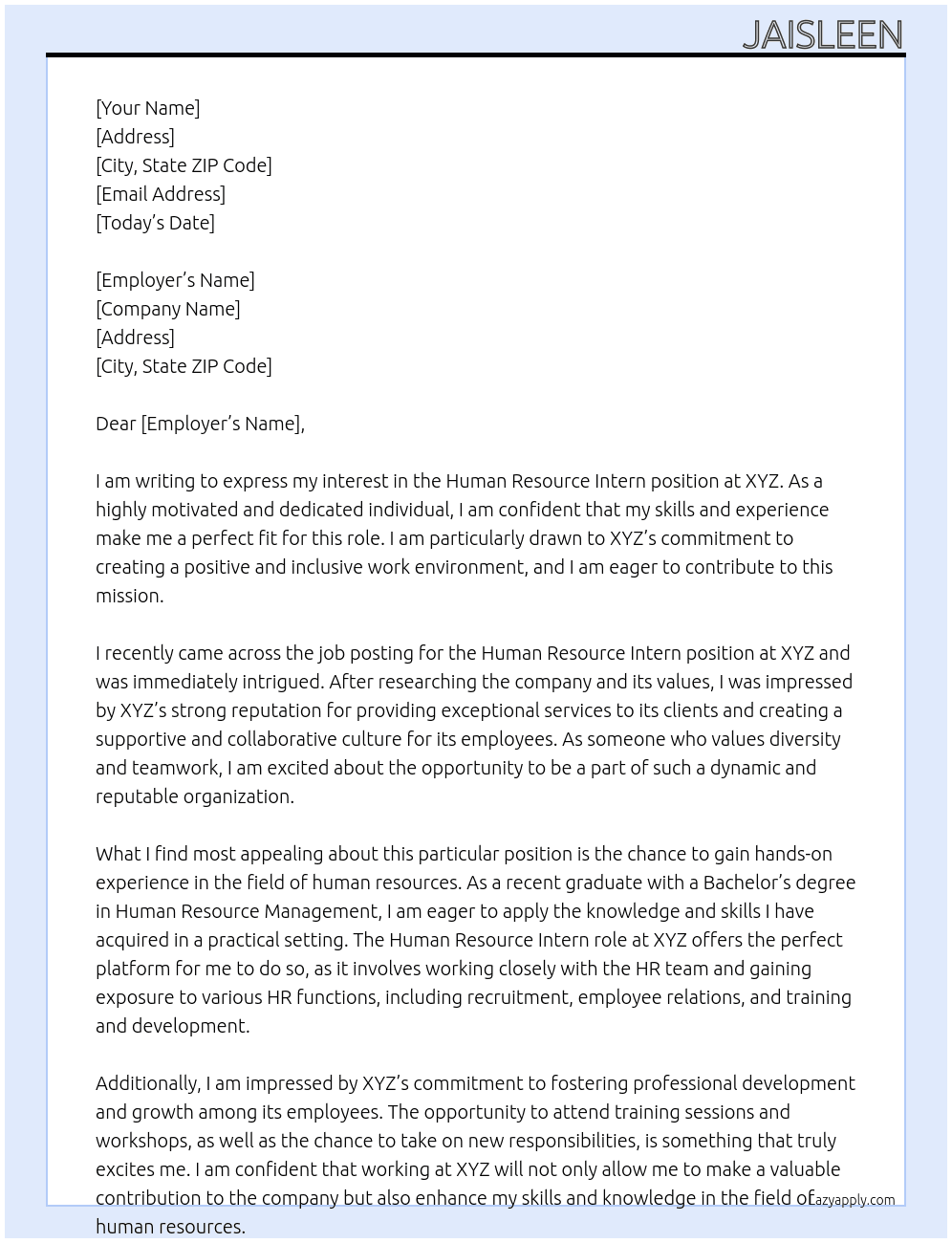 Human Resource Intern At XYZ Cover Letter