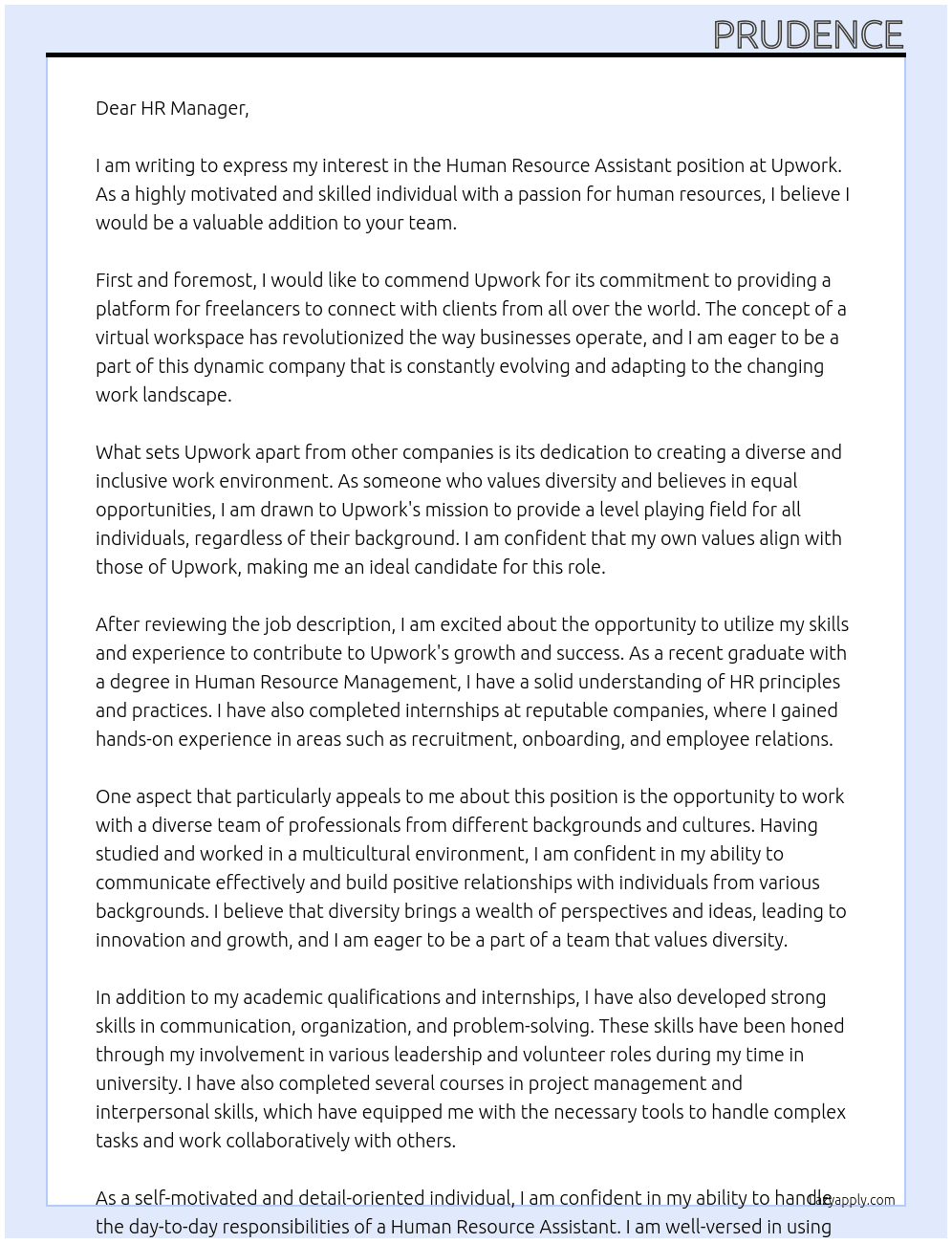Human Resource Assistant At Upwork Cover Letter
