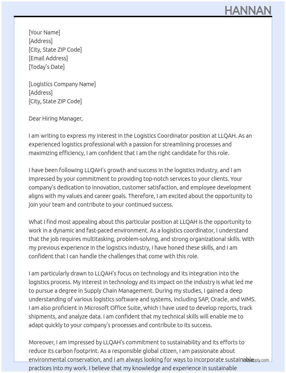 logistics coordinator At llqah Cover Letter