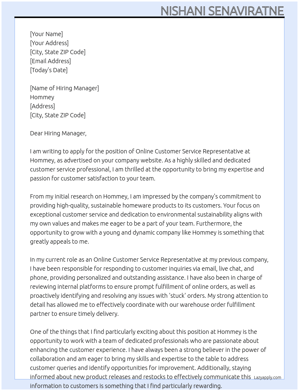 Online Customer Service Representative At Hommey  Cover Letter