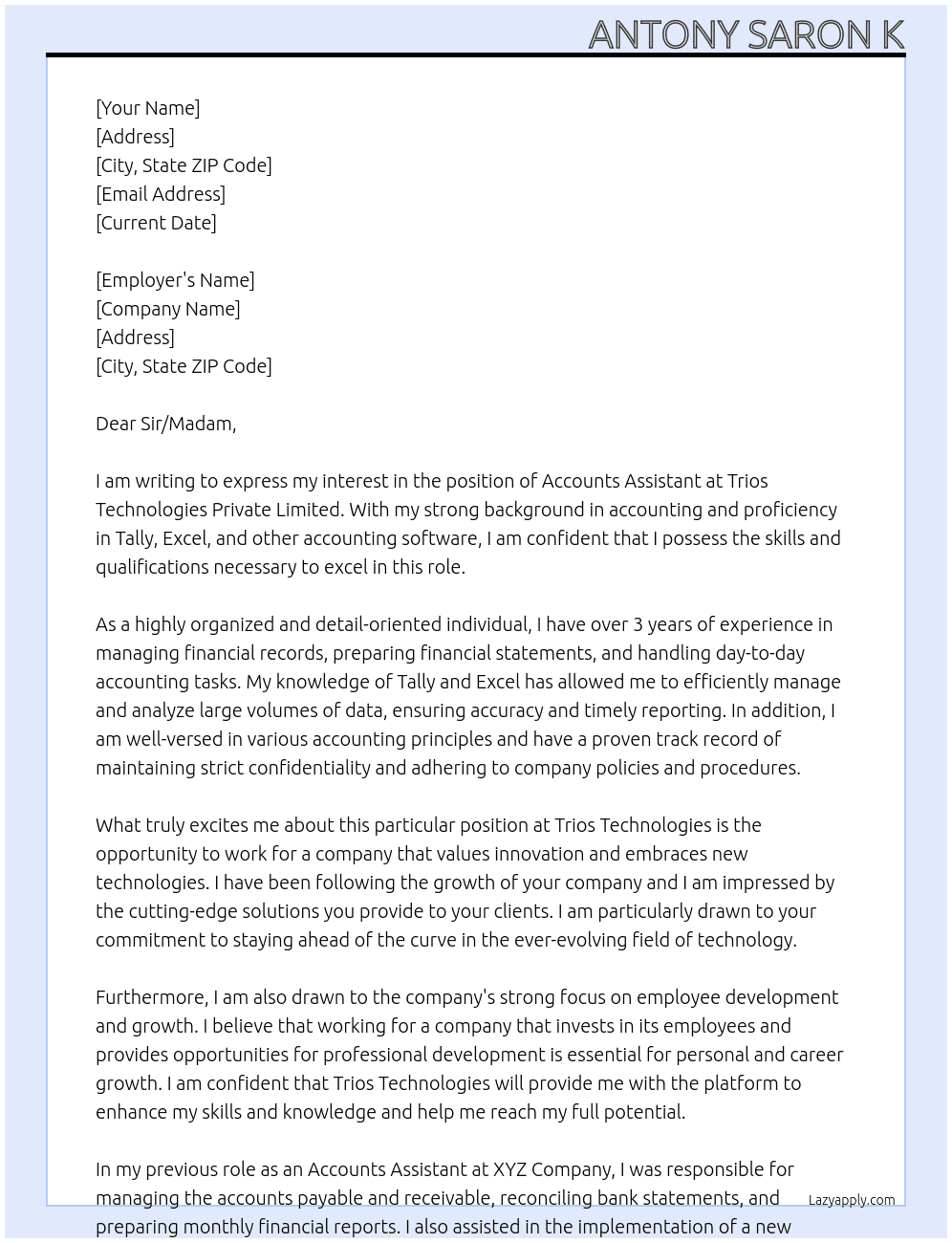 Accounts Assistant  At Trios Technologies Private Limited  Cover Letter