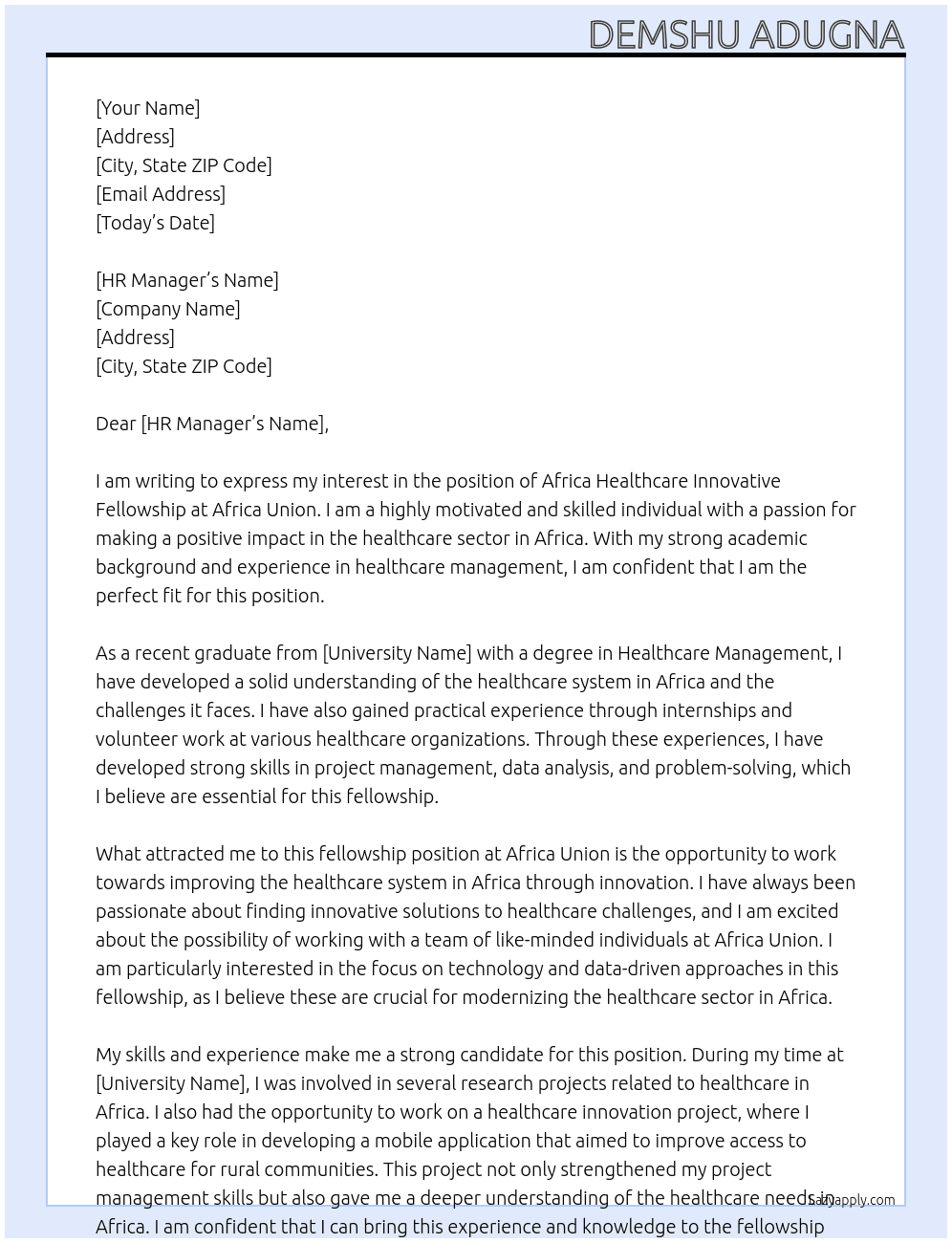 Africa healthcare Innovative fellowship  At Africa Union  Cover Letter