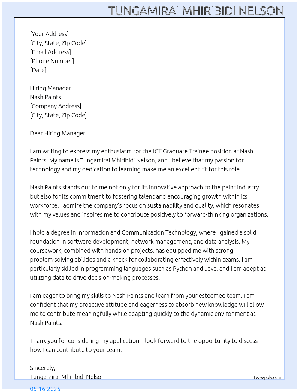 ICT Graduate trainee At Nash Paints Cover Letter