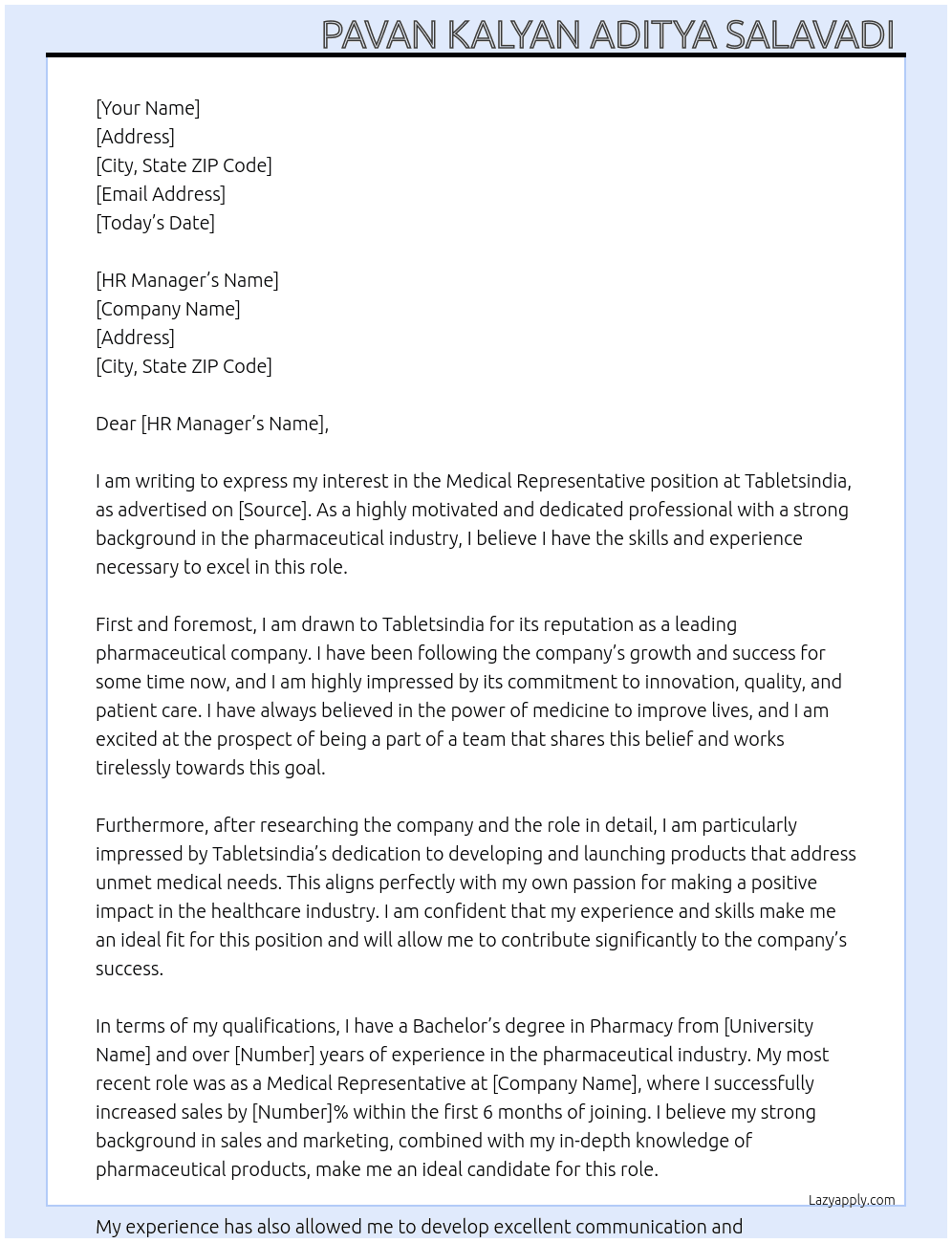 Medical representative  At Tabletsindia Cover Letter