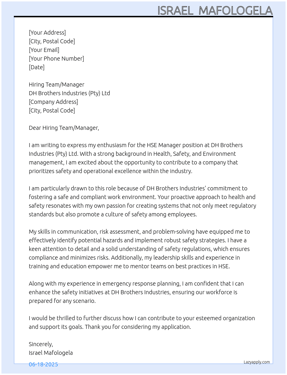 HSE Manager At DH Brothers Industries (Pty) Ltd Cover Letter