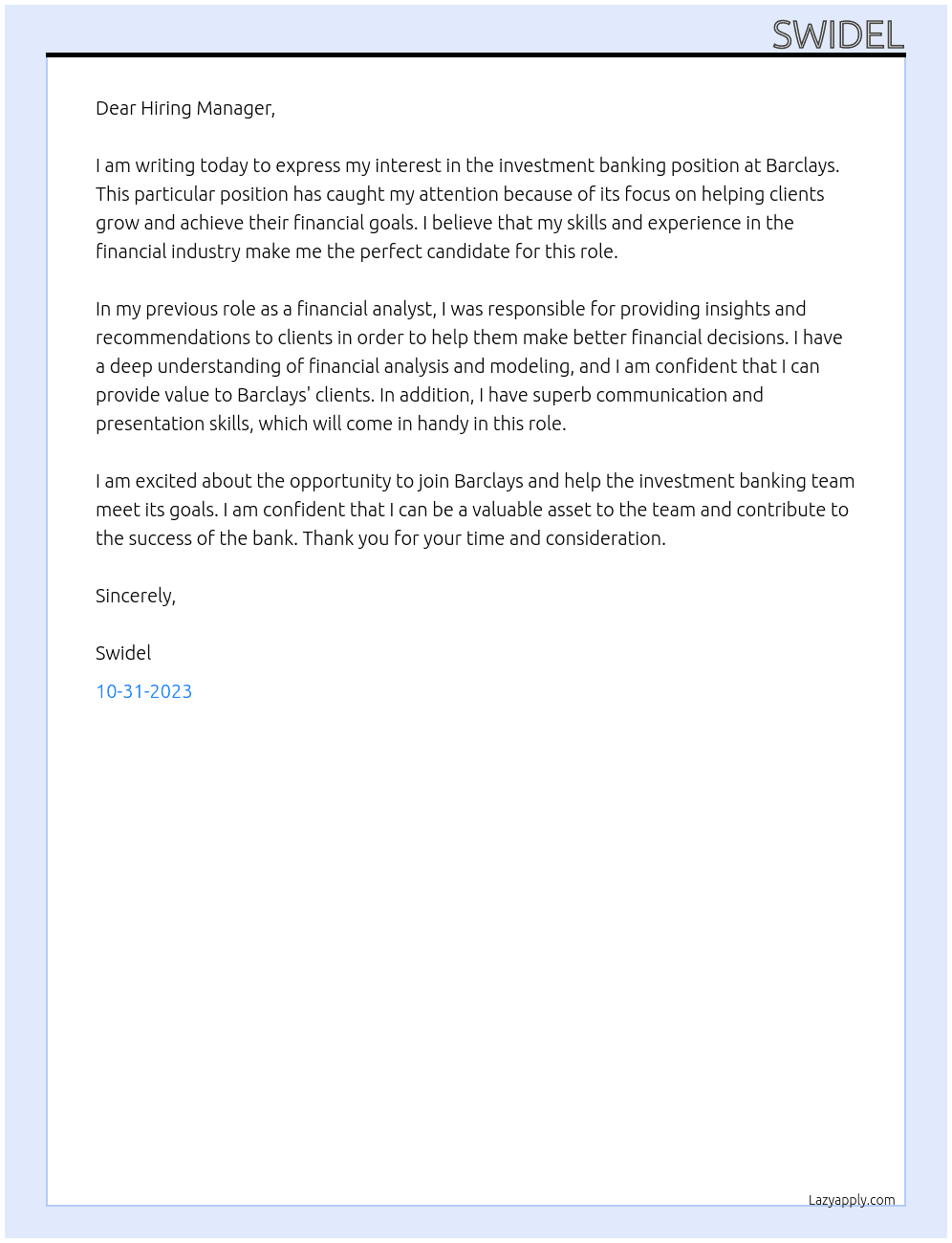investment banking At Barclays Cover Letter