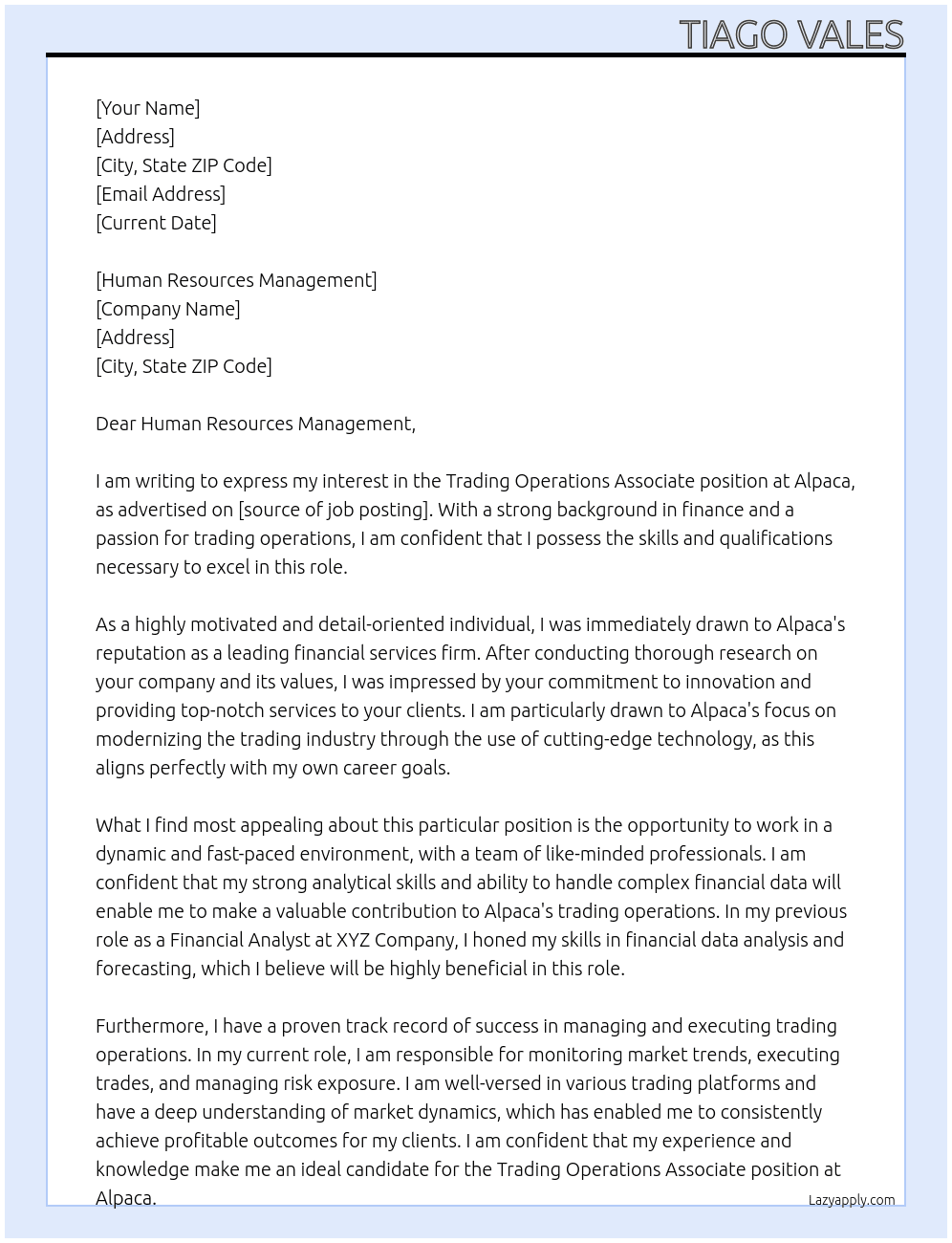 Trading Operations Associate At Alpaca Cover Letter