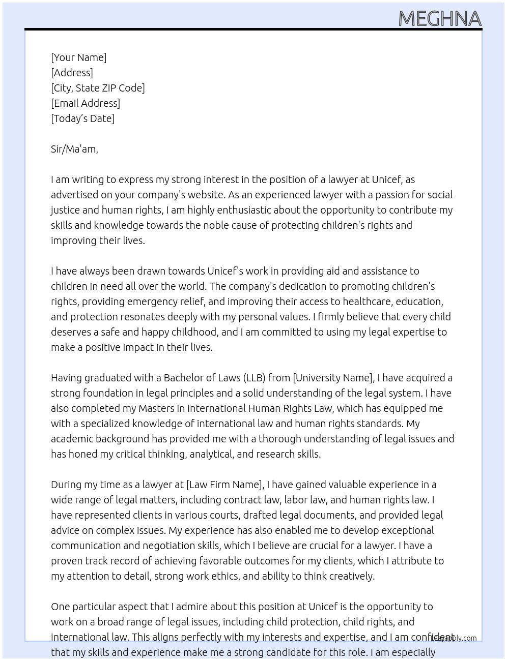 lawyer At Unicef Cover Letter
