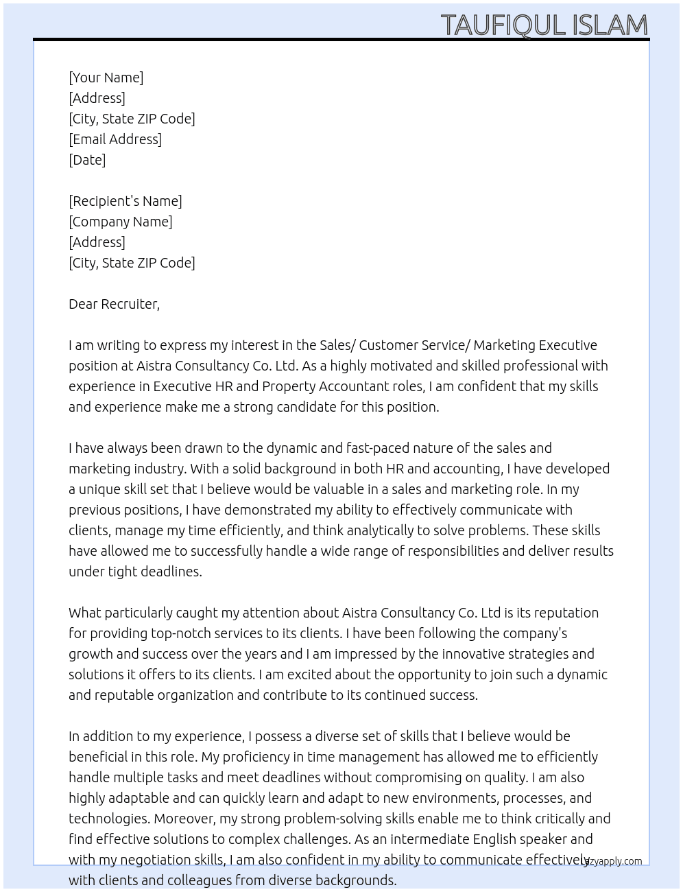 Sales / Customer Service / Marketing Executive At Aistra Consultancy Co. Ltd Cover Letter
