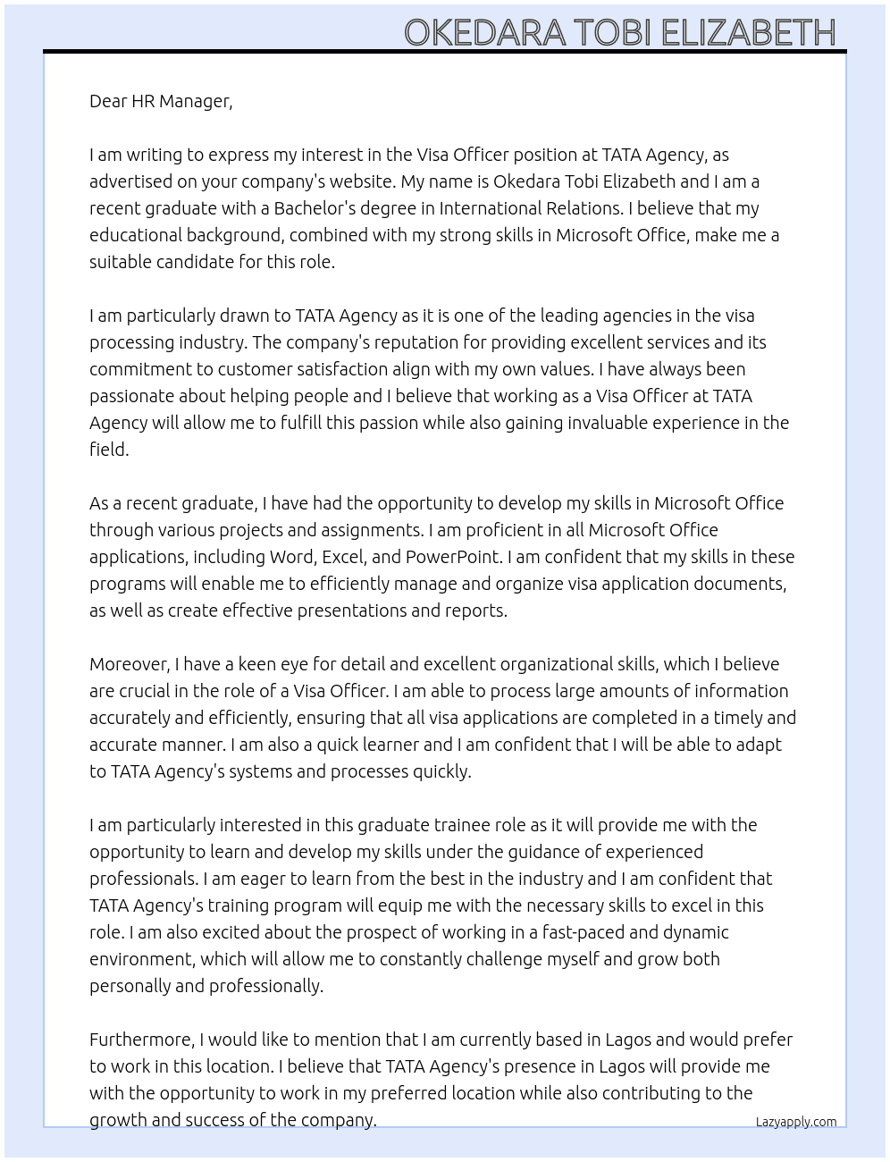 Visa Officer  At TATA Agency  Cover Letter