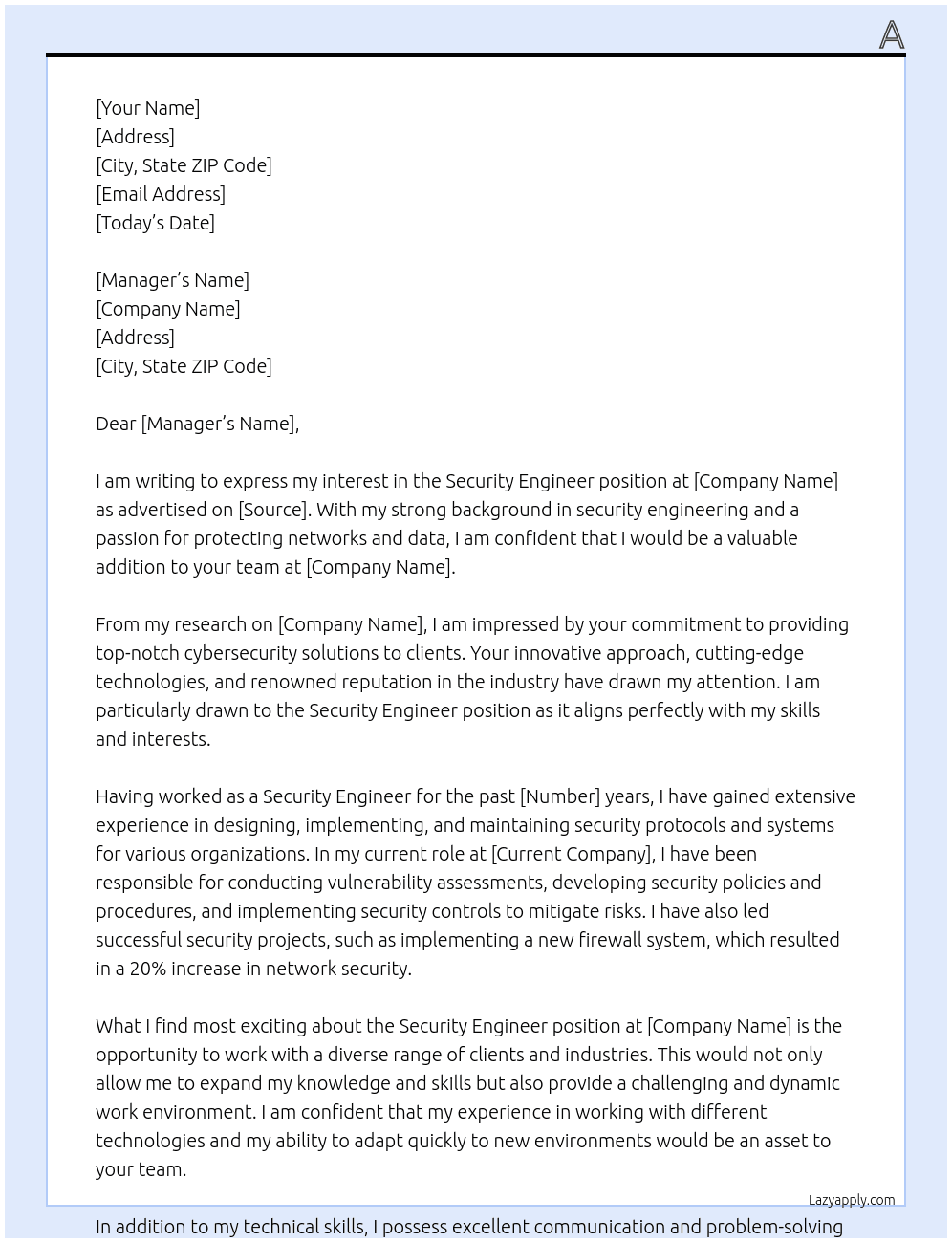 Security engineer  At K Cover Letter