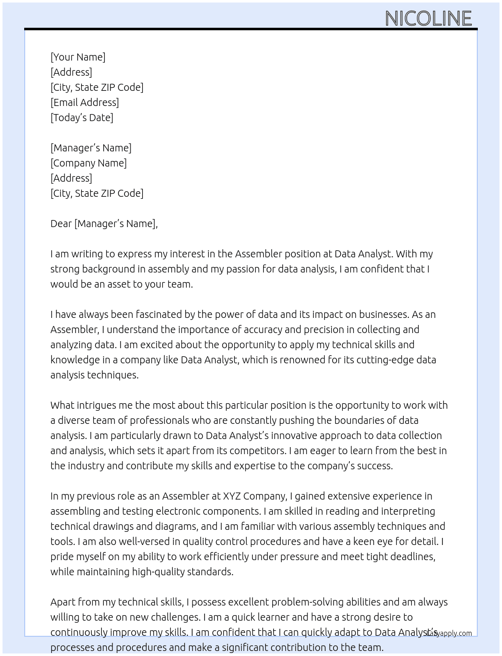 Assembler At Data Analyst  Cover Letter