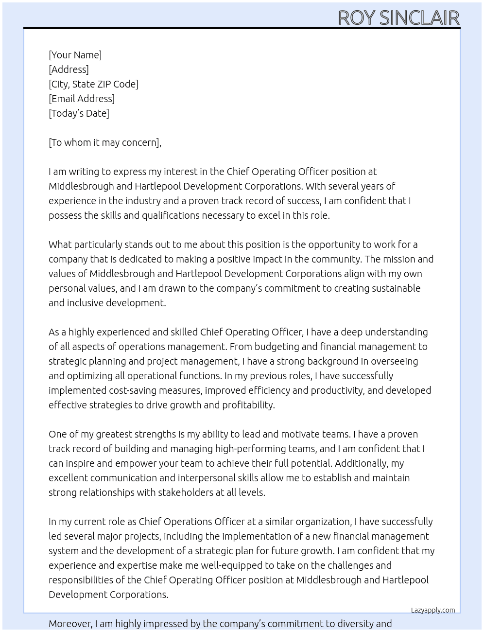 Chief Operating Officer At Middlesbrough and Hartlepool Development Corporations Cover Letter