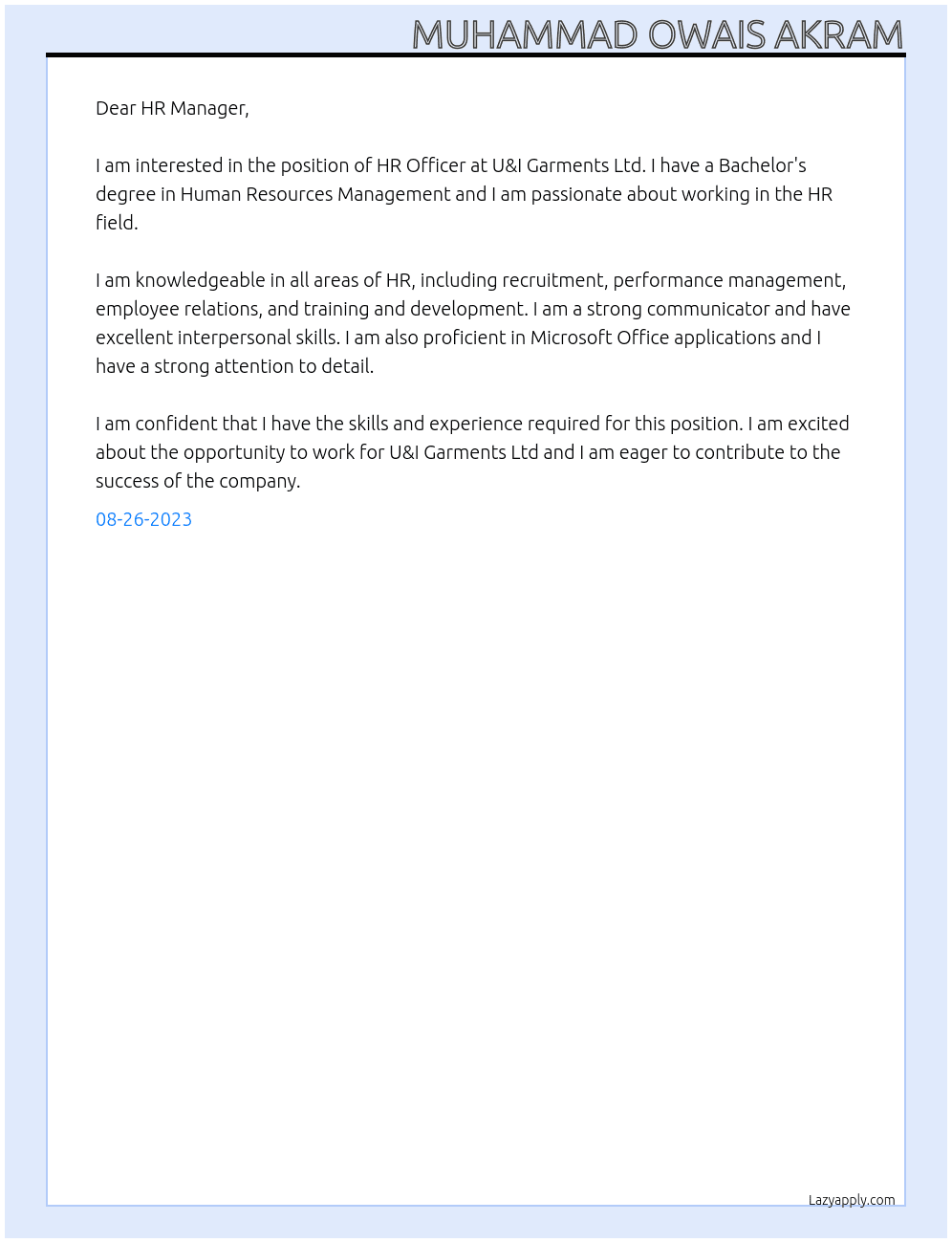 HR Officer At U&I Garments Ltd. Cover Letter