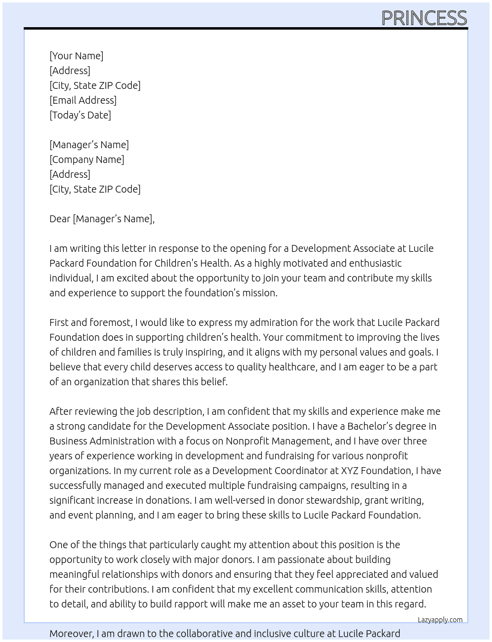Development Associate At Lucile Packard Foundation for Children's Health Cover Letter