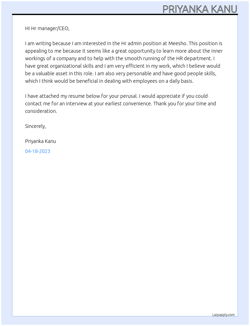 Hr admin  At Meesho Cover Letter
