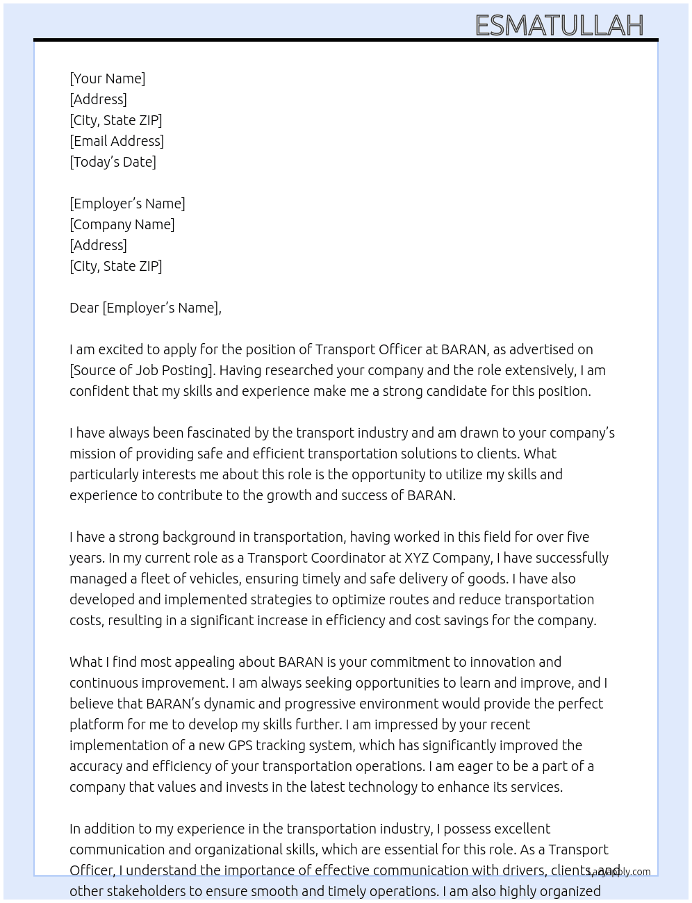 Transport Officer At BARAN Cover Letter