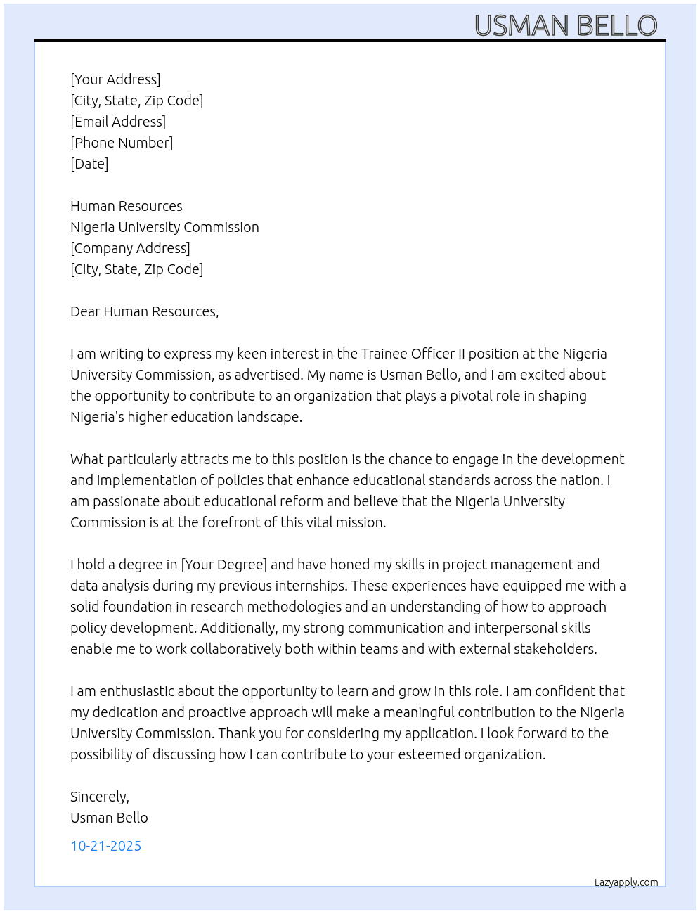 Trainee Officer II At Nigeria University Commission  Cover Letter