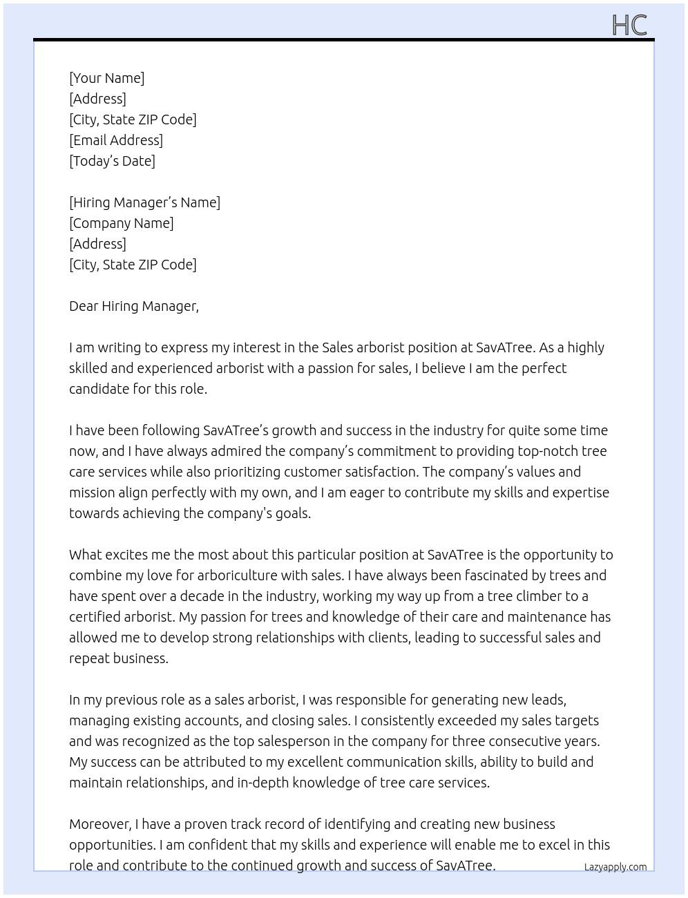 Sales arborist  At SavATree Cover Letter