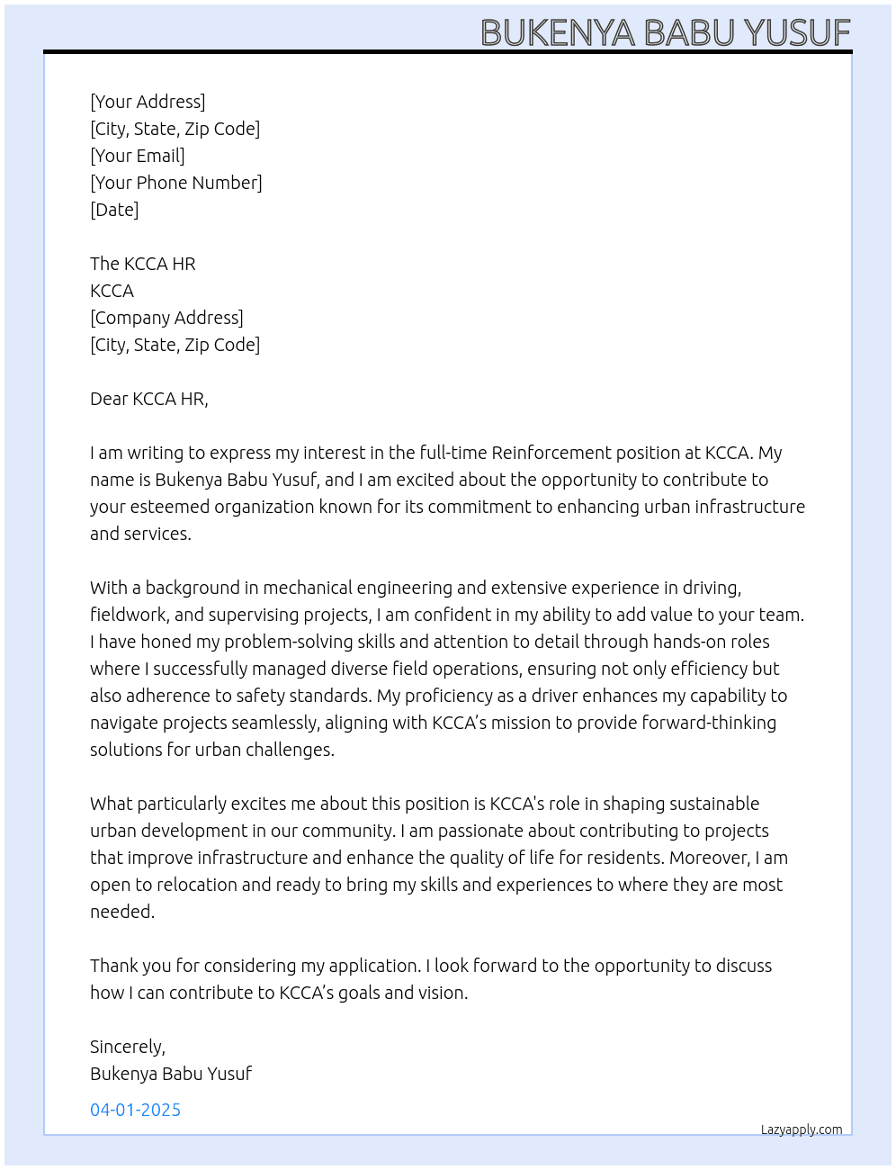 Reinforcement   At KCCA  Cover Letter