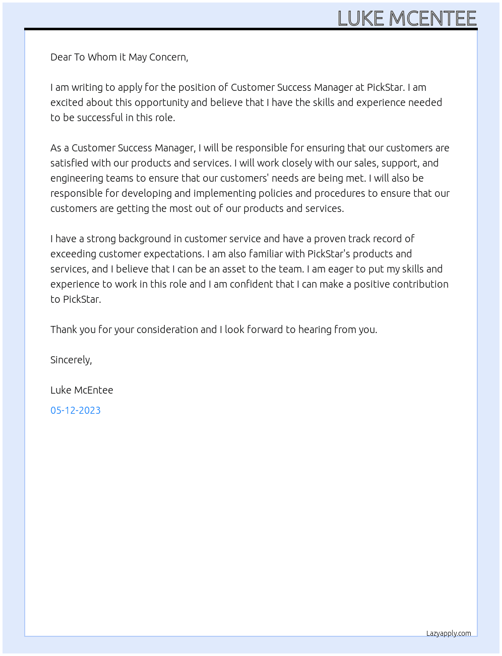 Customer Success Manager At PickStar Cover Letter